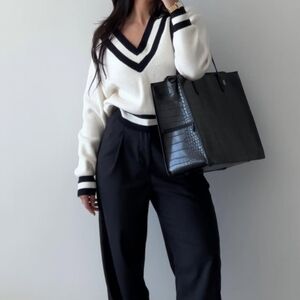 Mango White and Black Ribbed V-Neck Sweater